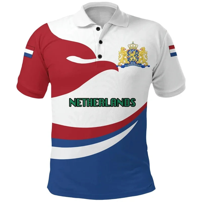 Poloshirt Heren met 3D Nederlandse Vlag, Casual Zomerstijl, Katoen, Korte Mouwen 0